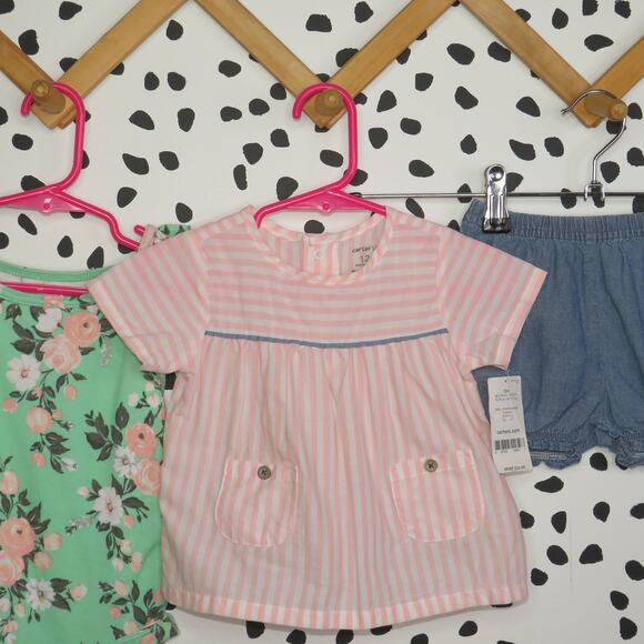 Carter’s Pink Striped and Green Floral 3 Pack Baby Outfit Set - Picture 2 of 6